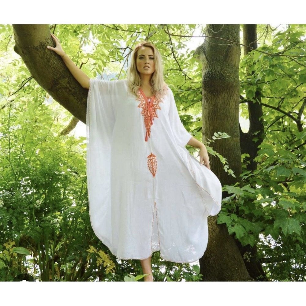 Beach White Neon Orange Embroidery Resort Caftan Cover Up ONE Size